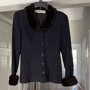 Vintage Women's wool blend navy Blazer with Brown faux Fur Trim